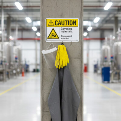 Caution Corrosive materials. Wear required protection.