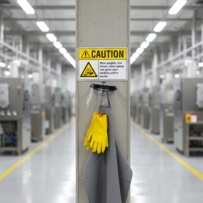 Caution Wear goggles face shield rubber gloves and ap