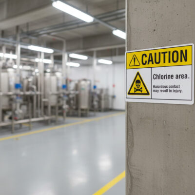Caution Chlorine area. Hazardous contact may result in