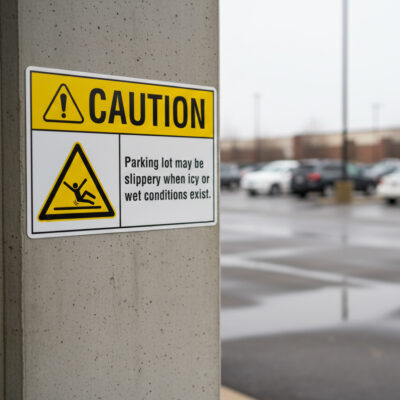 Caution Parking lot may be slippery when icy or wet con