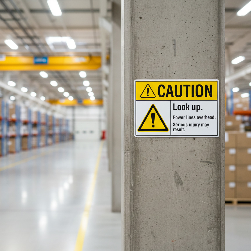 Caution Look up. Power lines overhead. Serious injury m