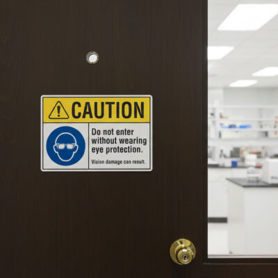 Caution Do not enter without wearing eye protection. Vi