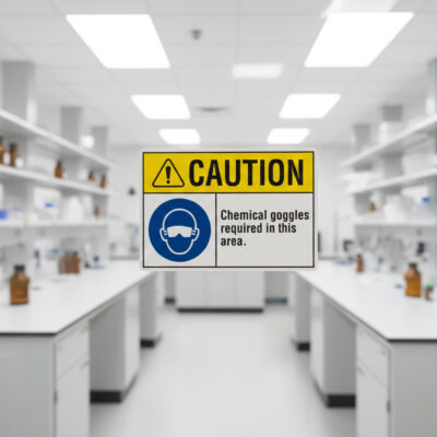 Caution Chemical goggles required in this area.