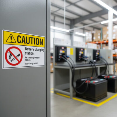 Caution Battery charging station. No smoking or open fl