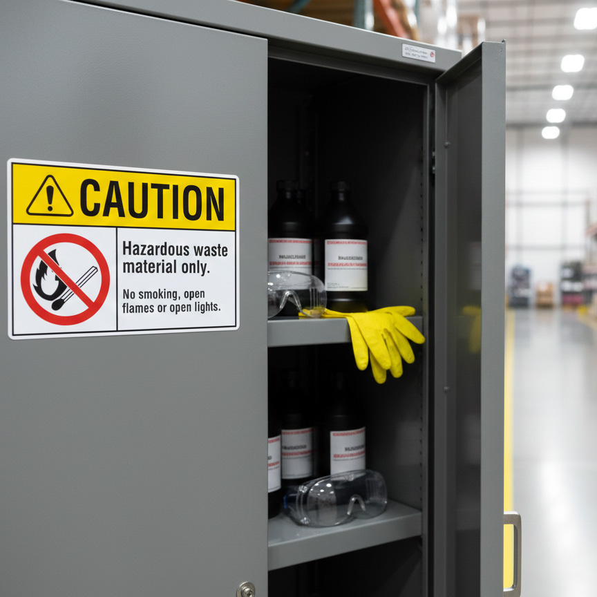 Caution Hazardous waste material only. No smoking open