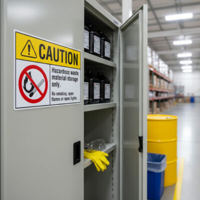 Caution Hazardous waste material storage only. No smoki