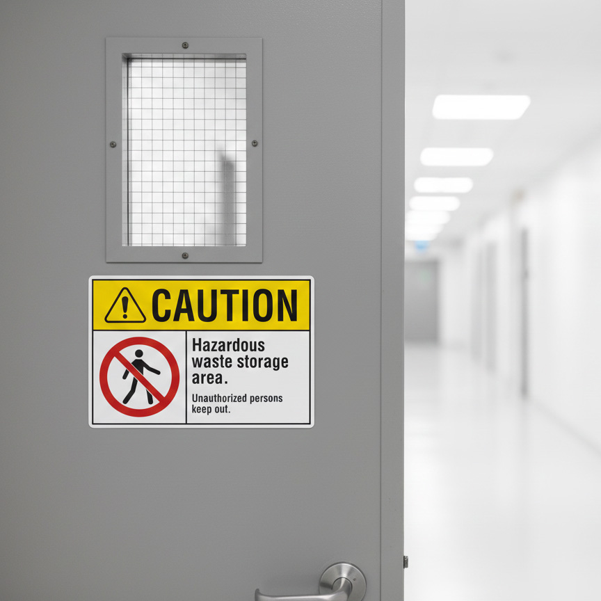 Caution Hazardous waste storage area. Unauthorized pers