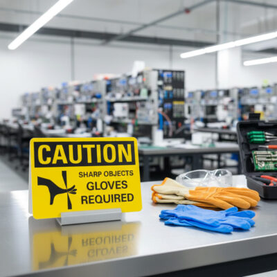 Caution Sharp objects gloves required