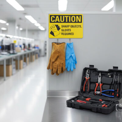 Caution Sharp Objects Gloves Required with symbol