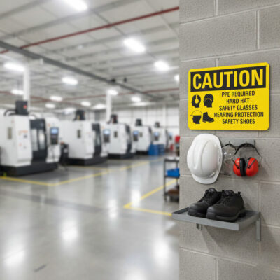 Caution PPE required hard hat safety glasses hearing
