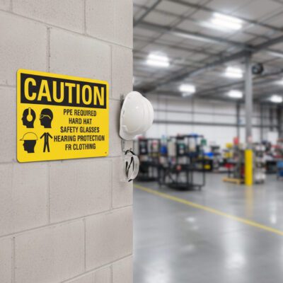 Caution PPE required hard hat safety glasses hearing
