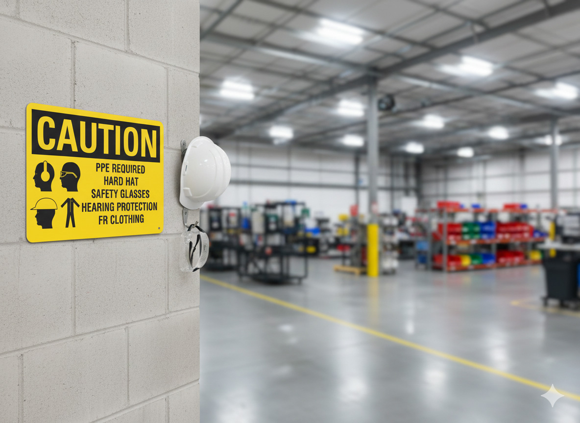 Caution PPE required hard hat safety glasses hearing