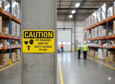 Caution PPE required hard hat safety glasses FR suit