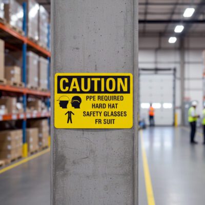 Caution PPE required hard hat safety glasses FR suit