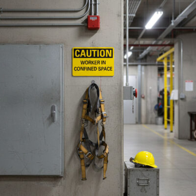 Caution Worker in confined space