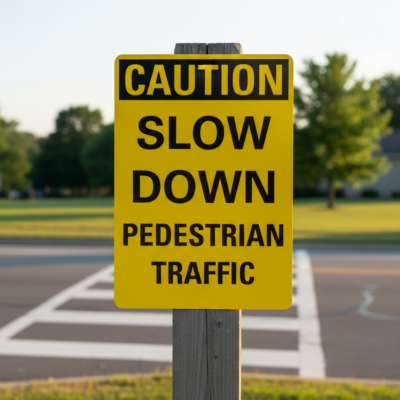 Caution Slow down pedestrian traffic