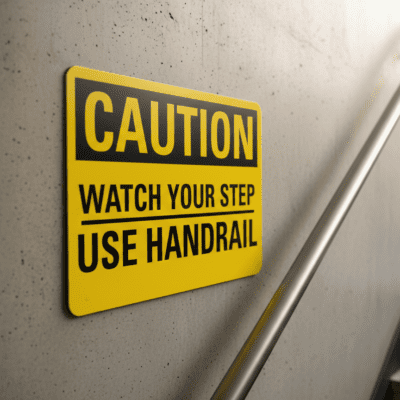 Caution Watch your step use handrail