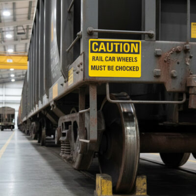 Caution Rail car wheels must be chocked