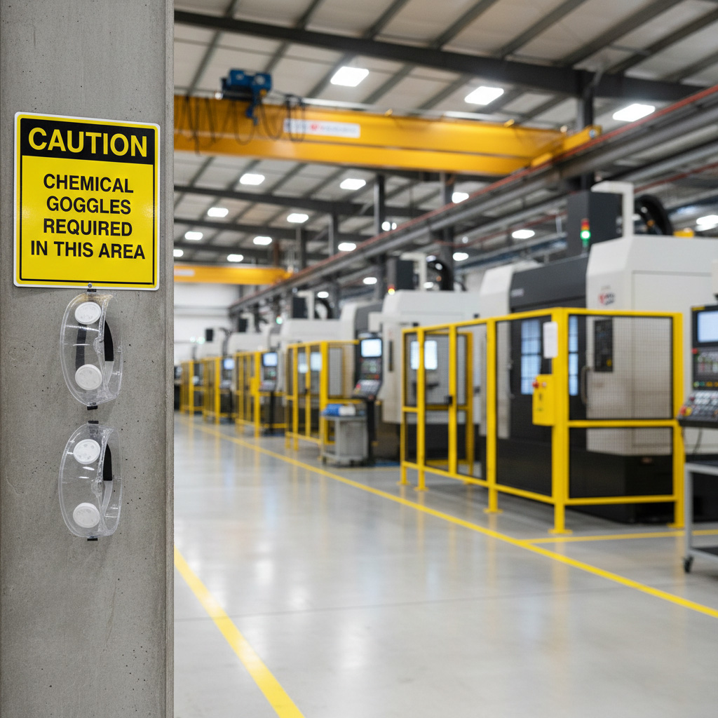 Caution Chemical goggles required in this area