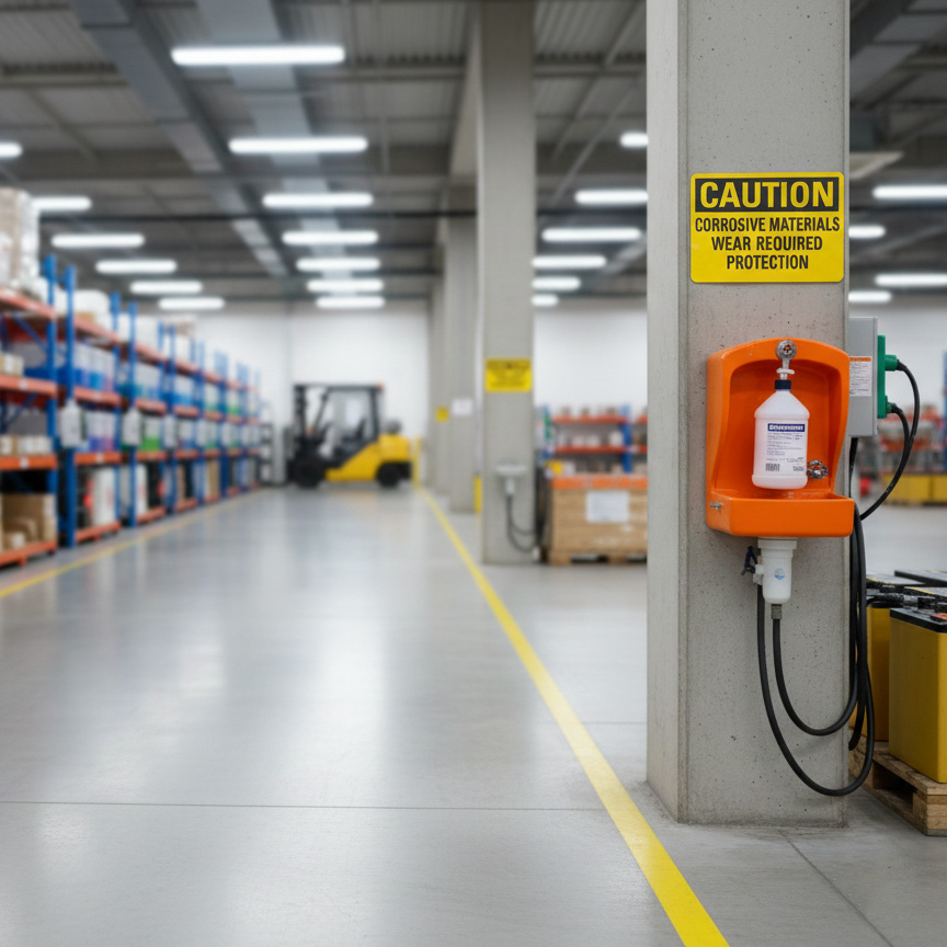 Caution Corrosive materials wear required protection