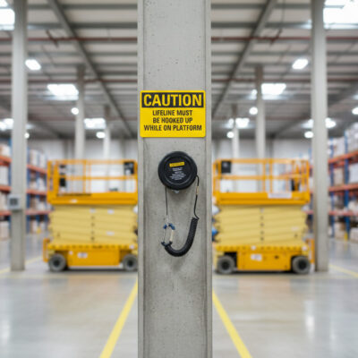 Caution Lifeline must be hooked up while on platform