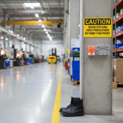 Caution Wear eye and foot protection beyond this point