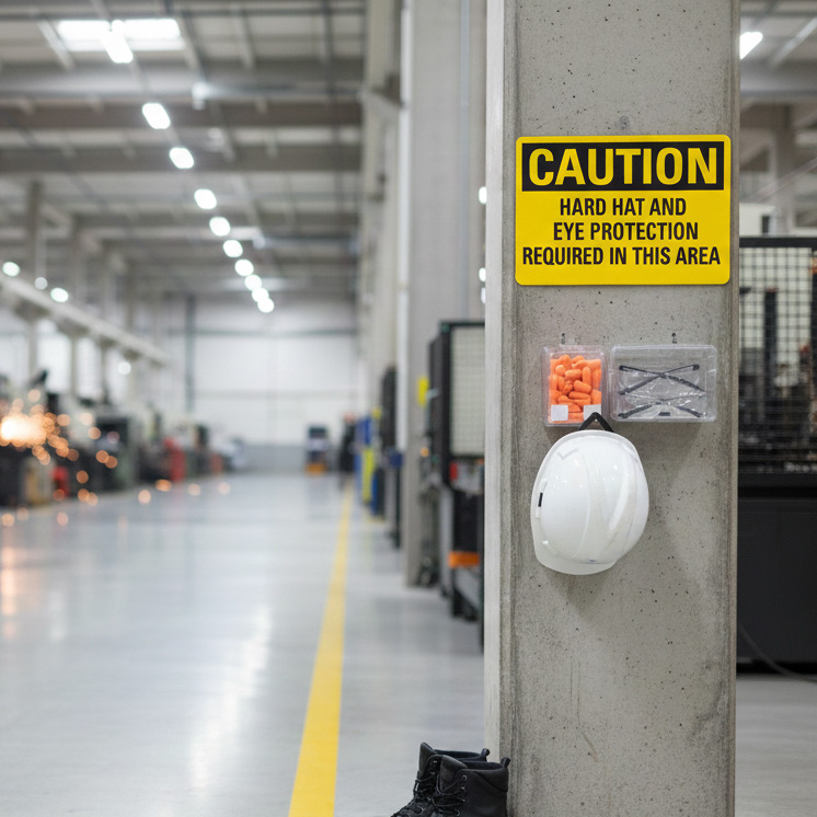 Caution Hard hat and eye protection required in this area