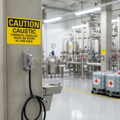 Caution Caustic chemical goggles must be worn in this