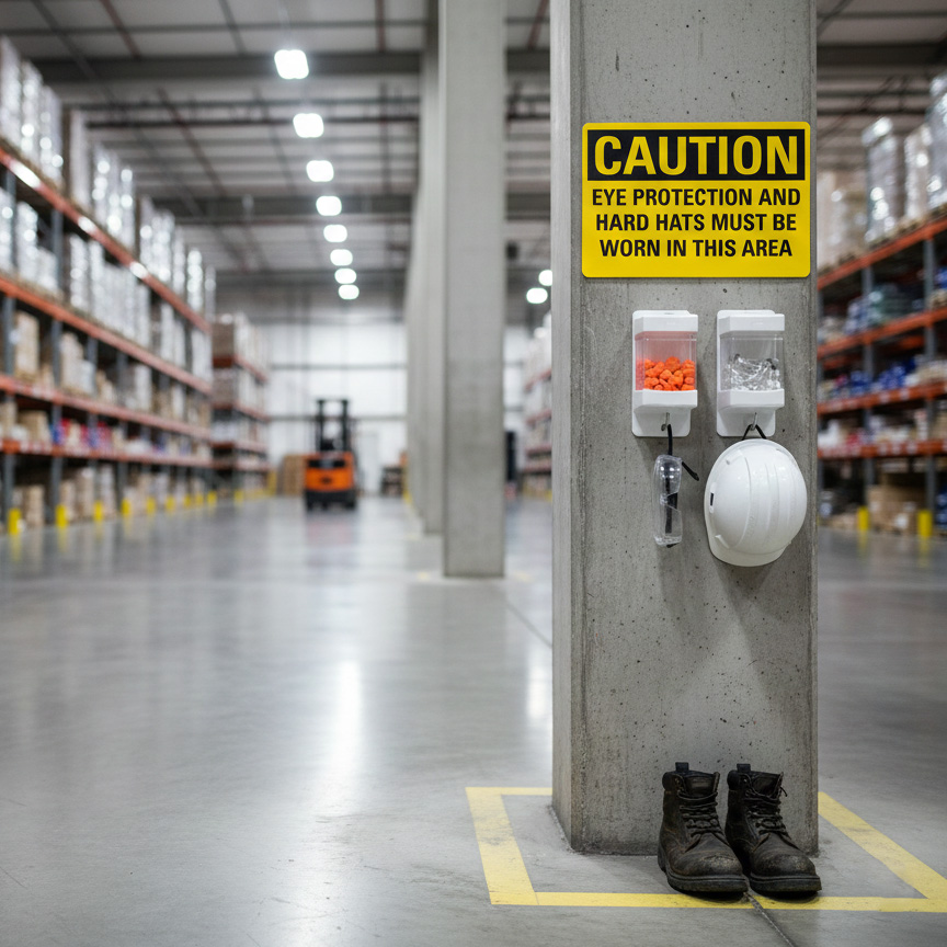 Caution Eye protection and hard hats must be worn in this