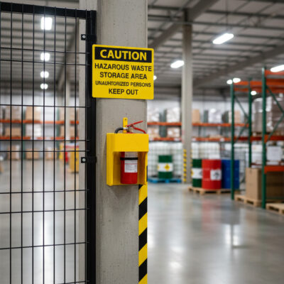 Caution Hazardous waste storage area unauthorized