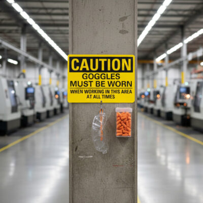 Caution Goggles must be worn when working in this area