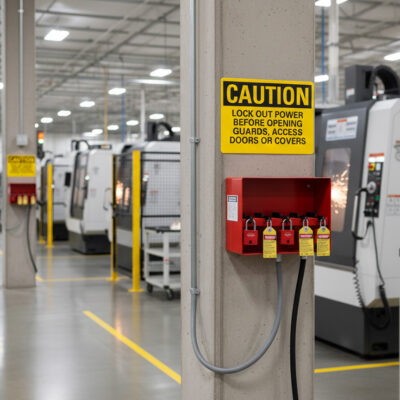 Caution Lock out power before opening guards access