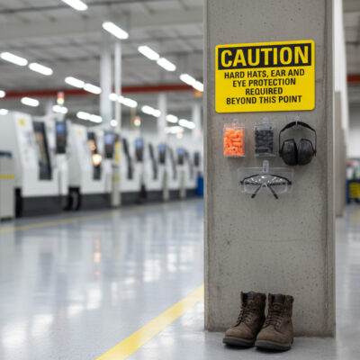 Caution Hard hats, ear and eye protection required