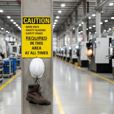 Caution Hard hats safety glasses safety shoes required