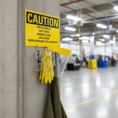 Caution Wear goggles face shield rubber gloves and apron