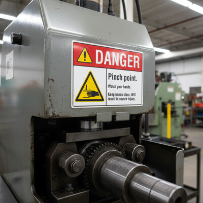 Danger Pinch point. Watch your hands. Keep hands clear.