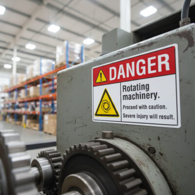 Danger Rotating machinery. Proceed with caution or