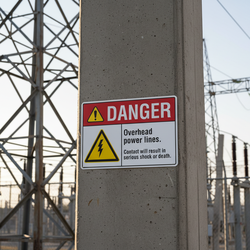 Danger Overhead power lines. Contact will result in