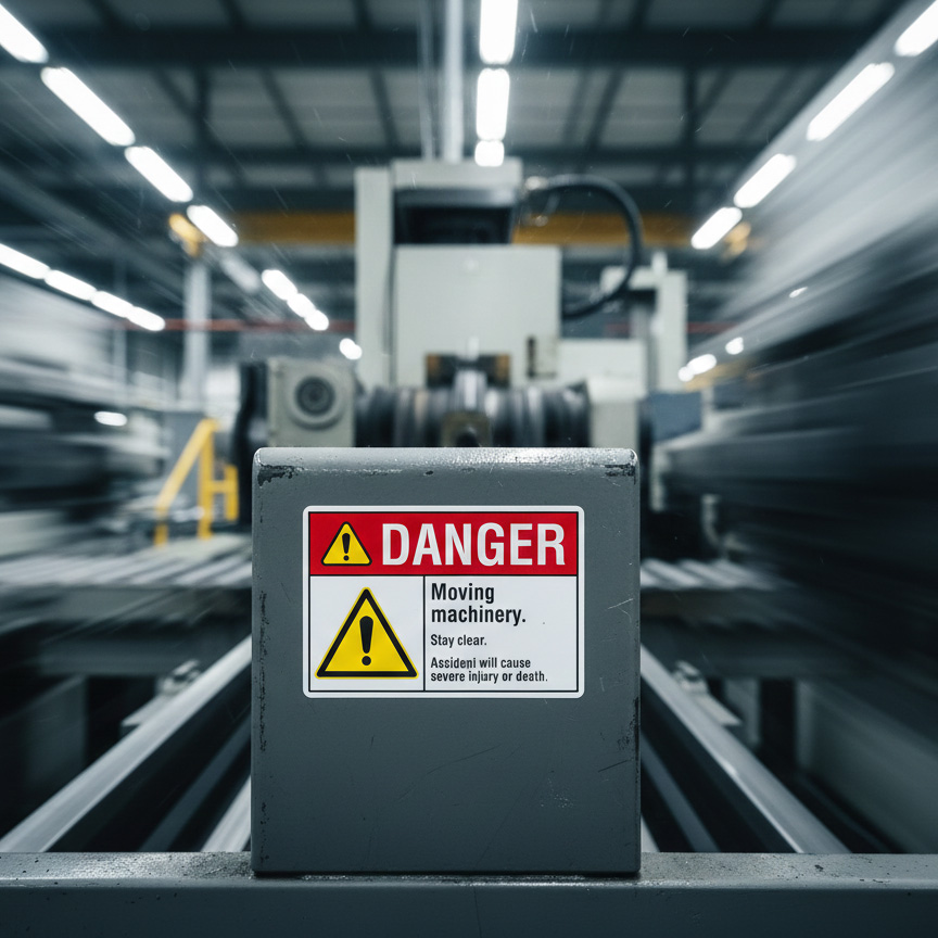 Danger Moving machinery. Stay clear. Accident will