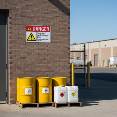 Danger Hazardous waste storage area. Unauthorized