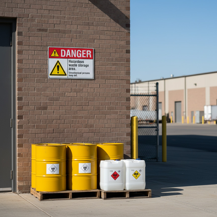 Danger Hazardous waste storage area. Unauthorized
