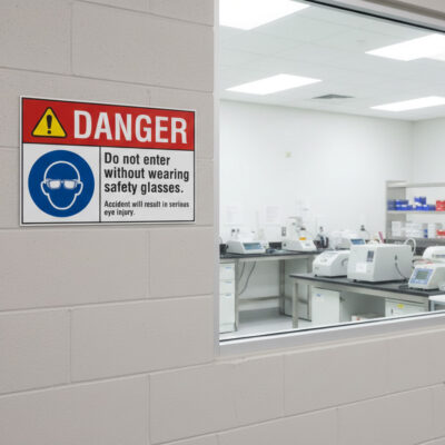 Danger Do not enter without wearing safety glasses.