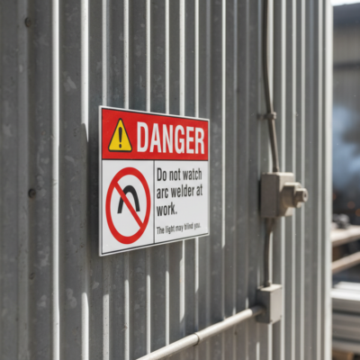 Danger Do not watch arc welder at work. The light may