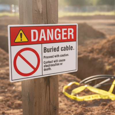Danger Buried cable. Proceed with caution contact will
