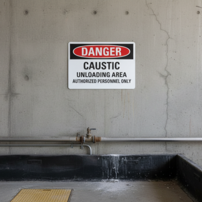 Danger Caustic unloading area authorized personnel only
