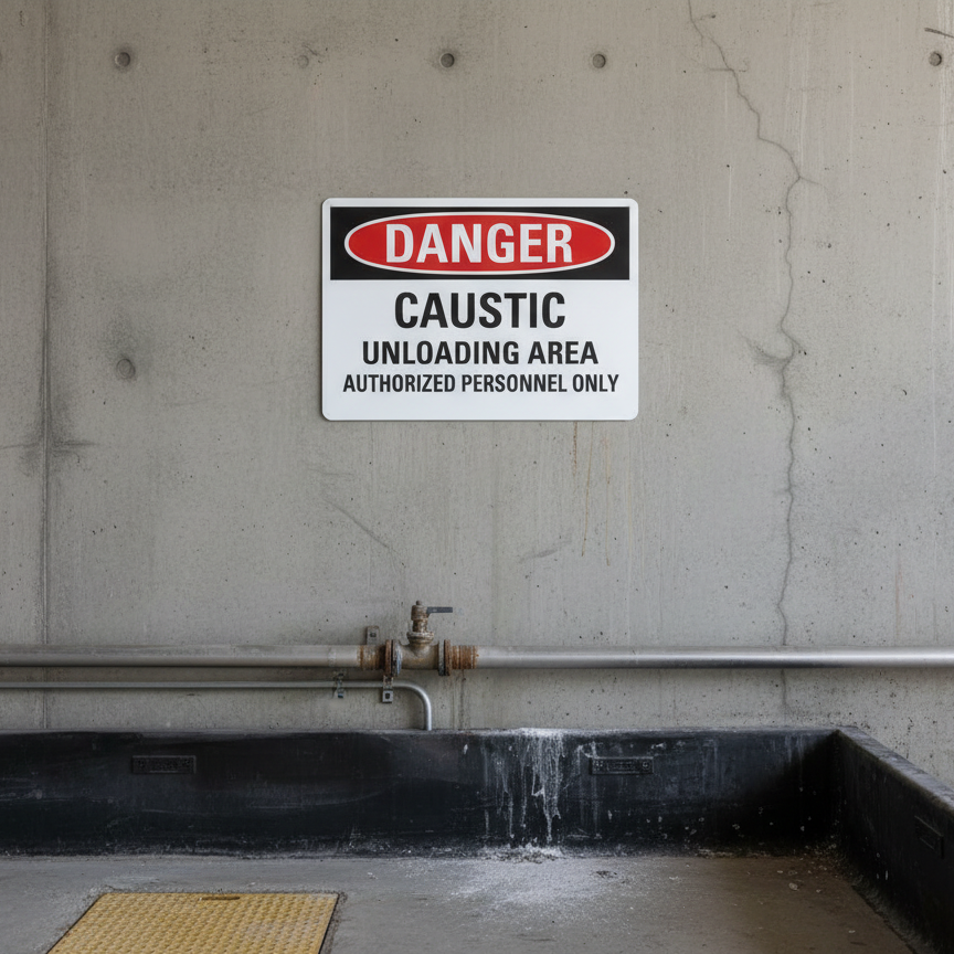 Danger Caustic unloading area authorized personnel only