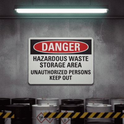 Danger Hazardous waste storage area unauthorized