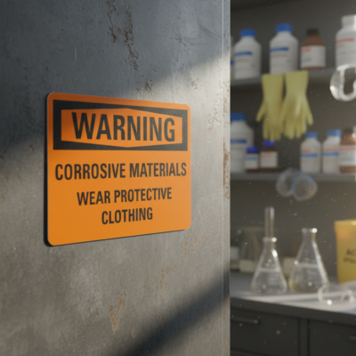 Warning Corrosive materials wear protective clothing