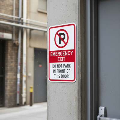 (No Parking Sym) Emergency Exit, Do Not Park In Front Of