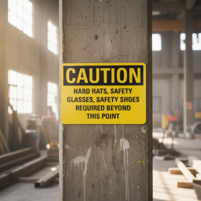 Caution Hard Hats, Safety Glasses, Safety Shoes Required
